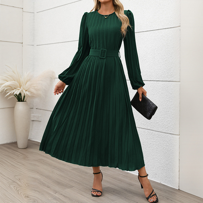 Elegante midi-jurk met lange mouwen, plooien en ceintuur