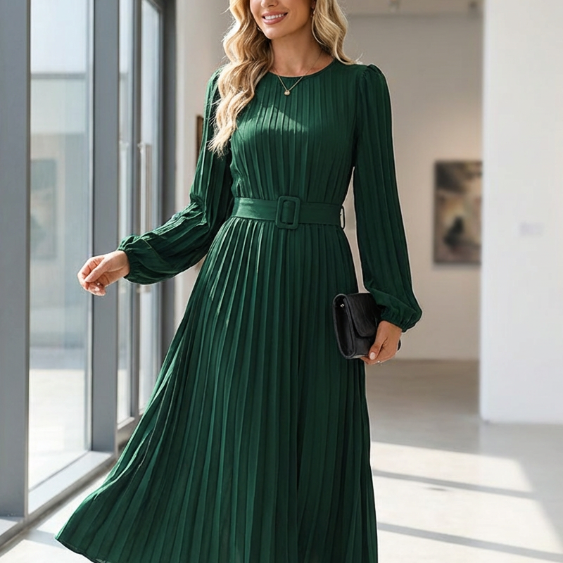 Elegante midi-jurk met lange mouwen, plooien en ceintuur