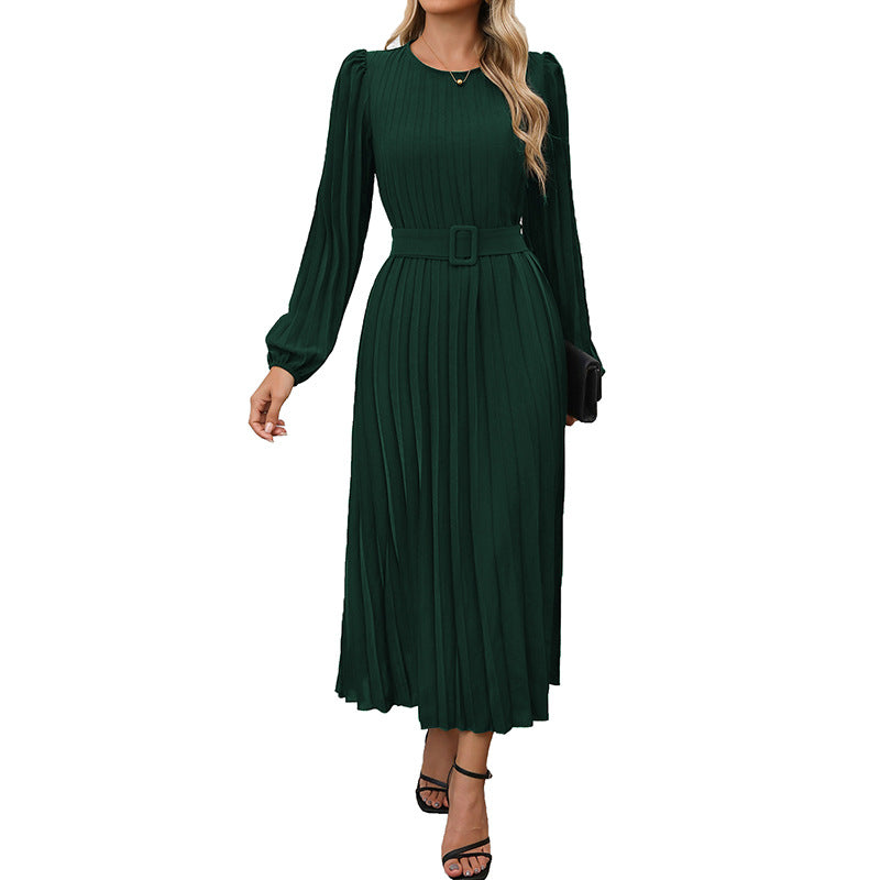 Elegante midi-jurk met lange mouwen, plooien en ceintuur
