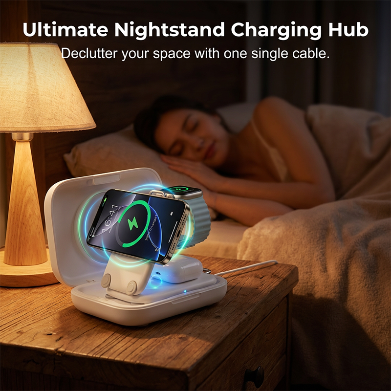🌞Fris De Lente In Met 50% Korting!📱3-in-1 Opvouwbaar Draadloos Oplaadstation | 15W Magnetische Snellader voor Telefoon, Watch & Oordopjes