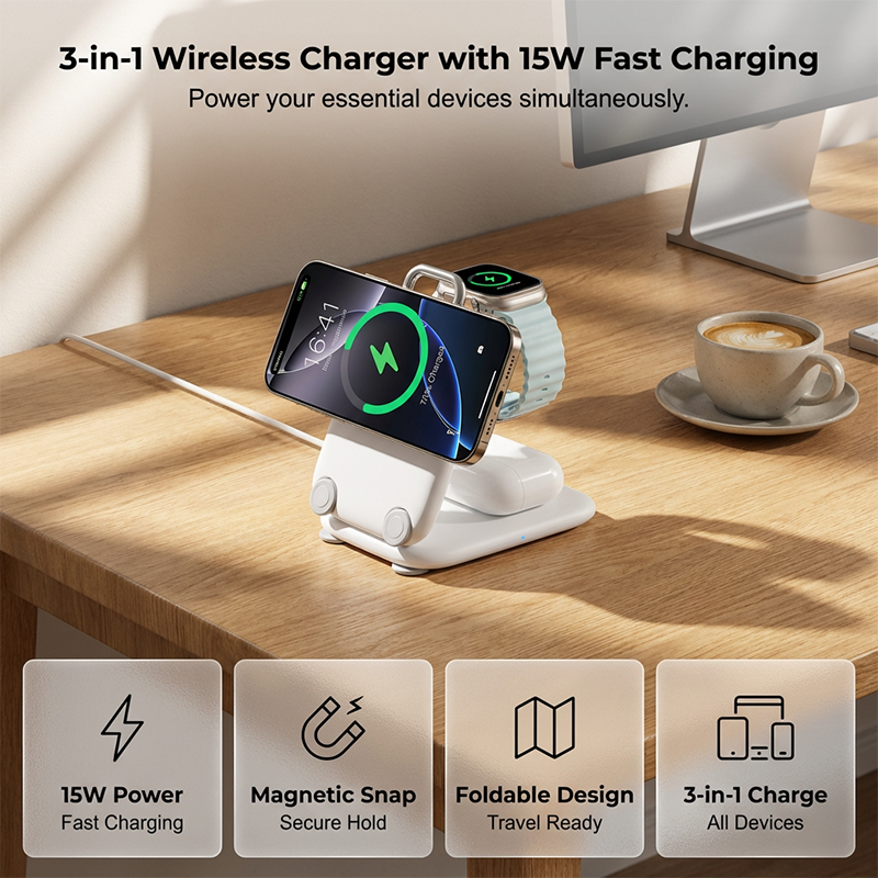 🌞Fris De Lente In Met 50% Korting!📱3-in-1 Opvouwbaar Draadloos Oplaadstation | 15W Magnetische Snellader voor Telefoon, Watch & Oordopjes