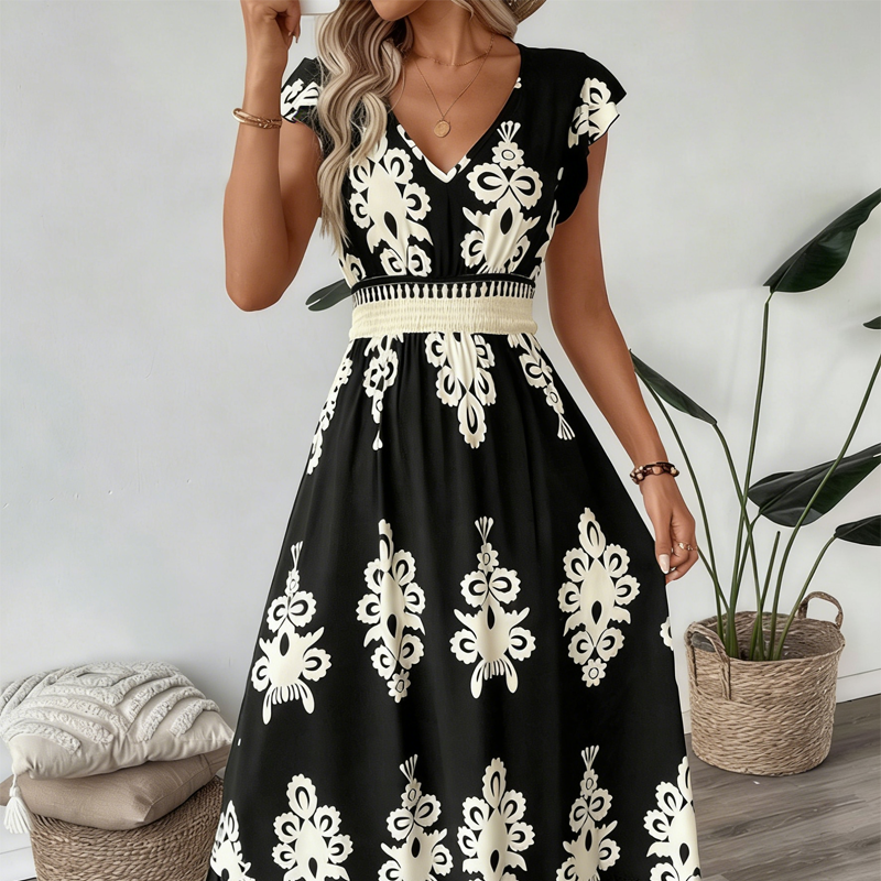 🌸 50% Korting – Elegante Jurk met V-hals & Barokprint | Luchtig, Comfortabel & Vrouwelijk