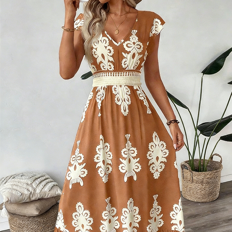 🌸 50% Korting – Elegante Jurk met V-hals & Barokprint | Luchtig, Comfortabel & Vrouwelijk