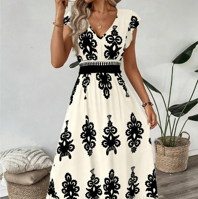 🌸 50% Korting – Elegante Jurk met V-hals & Barokprint | Luchtig, Comfortabel & Vrouwelijk