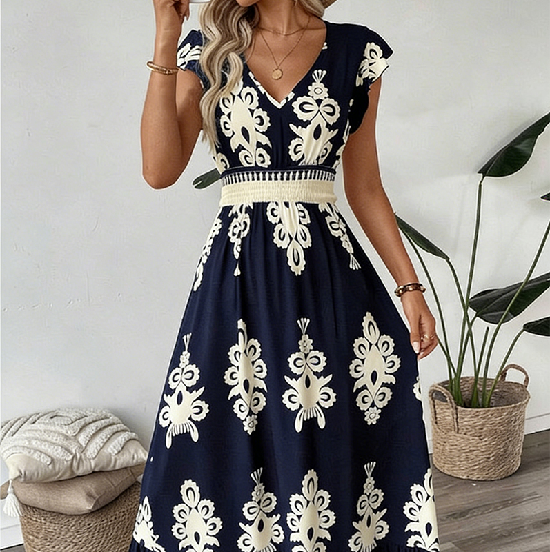 🌸 50% Korting – Elegante Jurk met V-hals & Barokprint | Luchtig, Comfortabel & Vrouwelijk