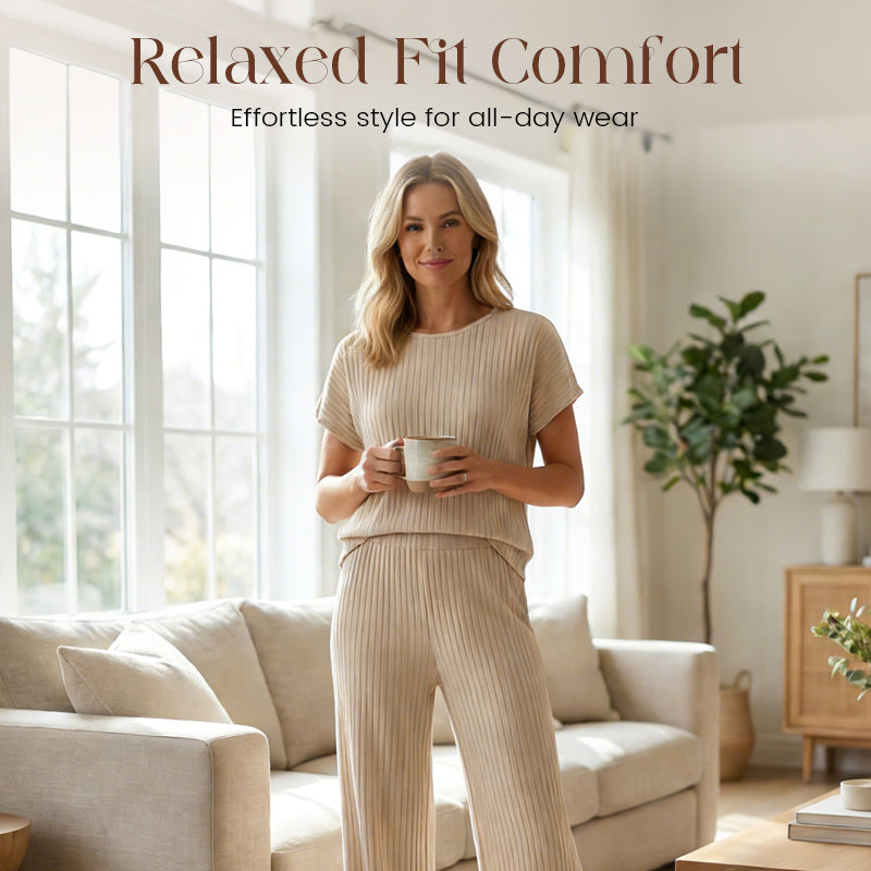 ✨ 50% Korting ✨ Dames Geribde Gebreide Top & Wijde Broek Set 👚👖 Zachte Stretchstof, Relaxte Pasvorm & Elegante Comfort Look