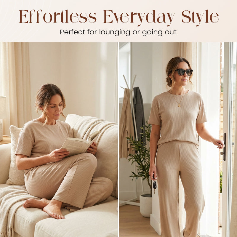 ✨ 50% Korting ✨ Dames Geribde Gebreide Top & Wijde Broek Set 👚👖 Zachte Stretchstof, Relaxte Pasvorm & Elegante Comfort Look