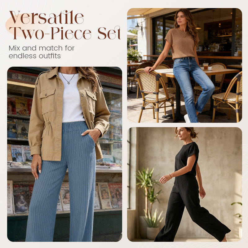 ✨ 50% Korting ✨ Dames Geribde Gebreide Top & Wijde Broek Set 👚👖 Zachte Stretchstof, Relaxte Pasvorm & Elegante Comfort Look
