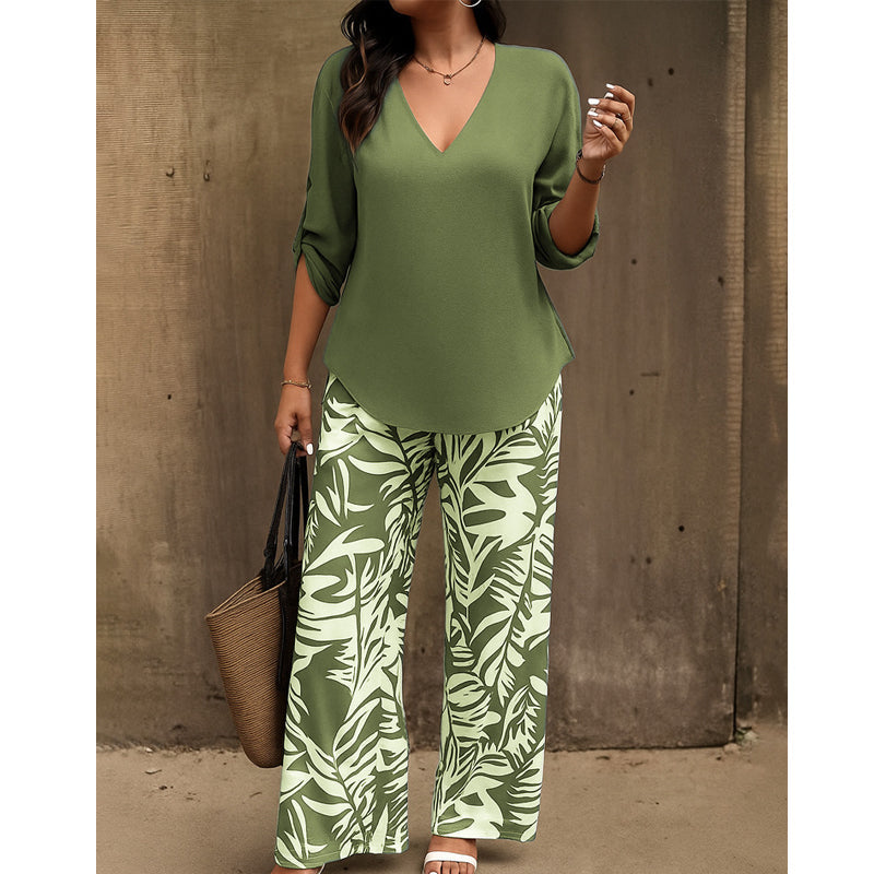 🥳 2026 MEGA-UITVERKOOP: 50% KORTING! 🥳 💞Dames set: blouse met V-hals en bedrukte broek met wijde pijpen