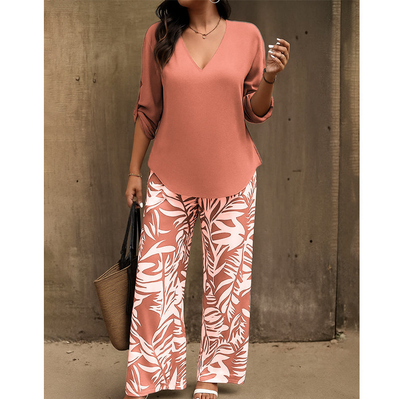 🥳 2026 MEGA-UITVERKOOP: 50% KORTING! 🥳 💞Dames set: blouse met V-hals en bedrukte broek met wijde pijpen