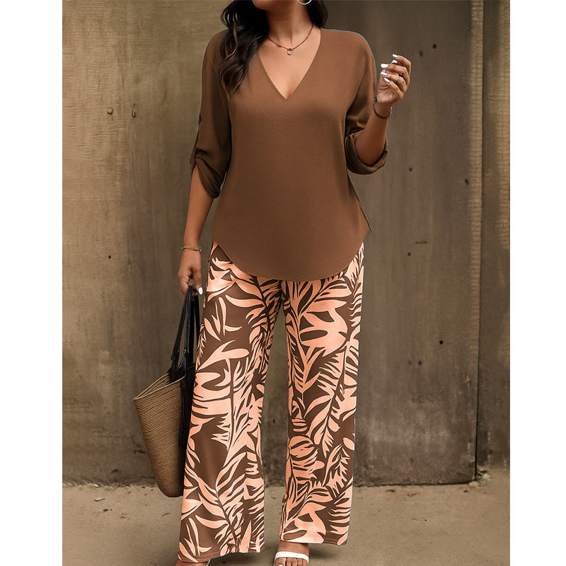 🥳 2026 MEGA-UITVERKOOP: 50% KORTING! 🥳 💞Dames set: blouse met V-hals en bedrukte broek met wijde pijpen