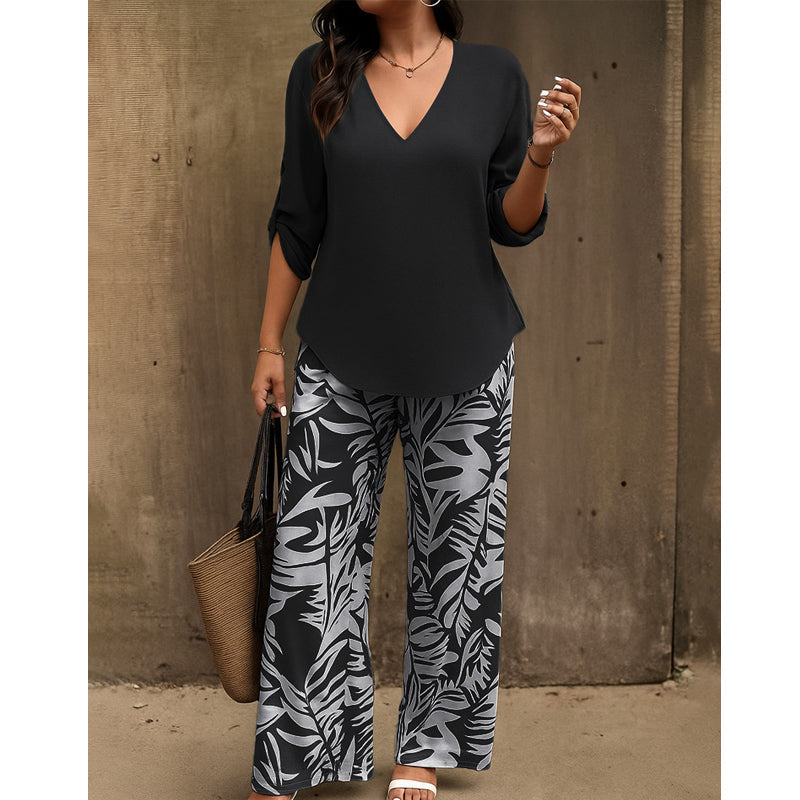 🥳 2026 MEGA-UITVERKOOP: 50% KORTING! 🥳 💞Dames set: blouse met V-hals en bedrukte broek met wijde pijpen