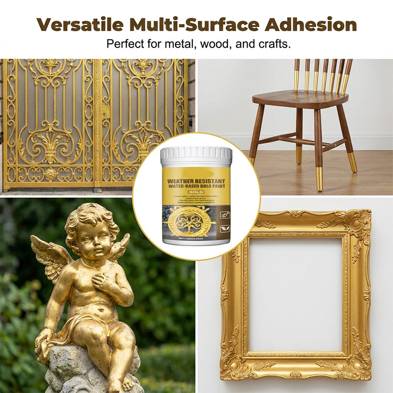 🎨🏡Verfset met bladgoudeffect – Watergedragen, weerbestendige metallic goudverf met kwast, ideaal voor meubels, decoratie en doe-het-zelfprojecten buitenshuis