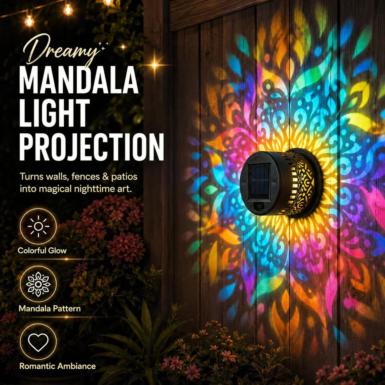 🎁 Vaderdag special – 50% KORTING! 🌀 Mandala zonne-lamp – Unieke patroonprojectie, 2-in-1 vloer & wand – IP65 waterdicht – automatisch aan/uit 🌿💚
