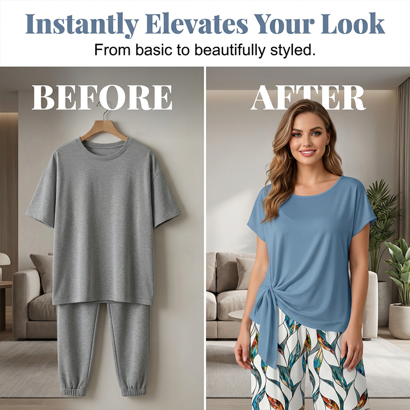 👗 Dames Zijknoop Top & Geprint Broek Set – Elegant Lounge 2-delig | Lichtblauw & Lichtgroen | S-5XL
