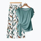 👗 Dames Zijknoop Top & Geprint Broek Set – Elegant Lounge 2-delig | Lichtblauw & Lichtgroen | S-5XL