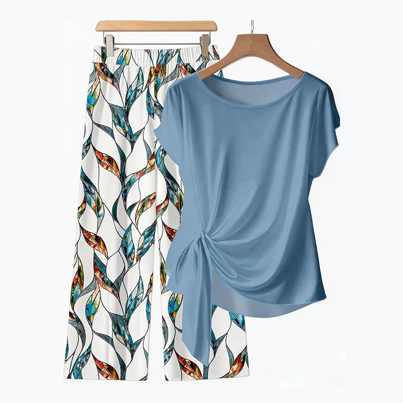 👗 Dames Zijknoop Top & Geprint Broek Set – Elegant Lounge 2-delig | Lichtblauw & Lichtgroen | S-5XL