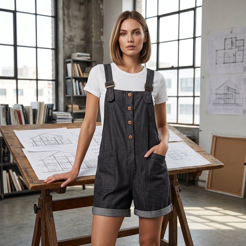 🌸 Retro Effen Kleur Tuinbroek met Verstelbare Bandjes – Knoopsluiting, Grote Zakken, Relaxte Pasvorm ✨