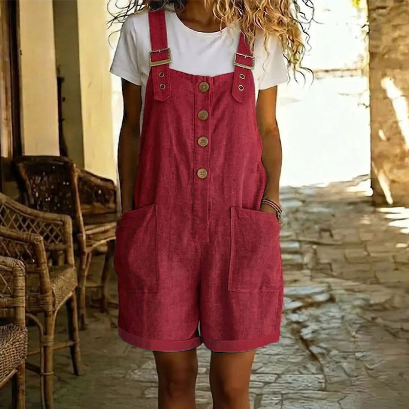 🌸 Retro Effen Kleur Tuinbroek met Verstelbare Bandjes – Knoopsluiting, Grote Zakken, Relaxte Pasvorm ✨