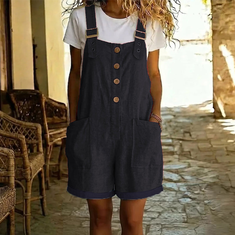 🌸 Retro Effen Kleur Tuinbroek met Verstelbare Bandjes – Knoopsluiting, Grote Zakken, Relaxte Pasvorm ✨