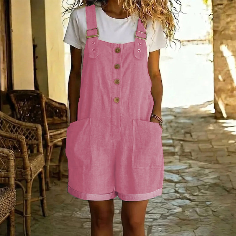🌸 Retro Effen Kleur Tuinbroek met Verstelbare Bandjes – Knoopsluiting, Grote Zakken, Relaxte Pasvorm ✨