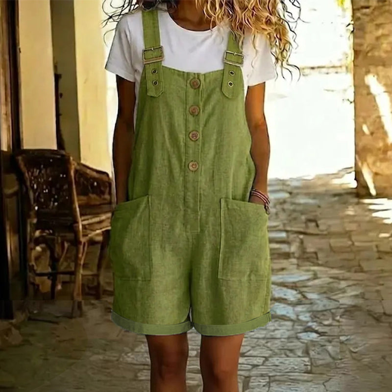 🌸 Retro Effen Kleur Tuinbroek met Verstelbare Bandjes – Knoopsluiting, Grote Zakken, Relaxte Pasvorm ✨