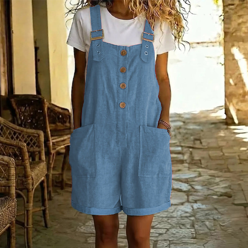🌸 Retro Effen Kleur Tuinbroek met Verstelbare Bandjes – Knoopsluiting, Grote Zakken, Relaxte Pasvorm ✨