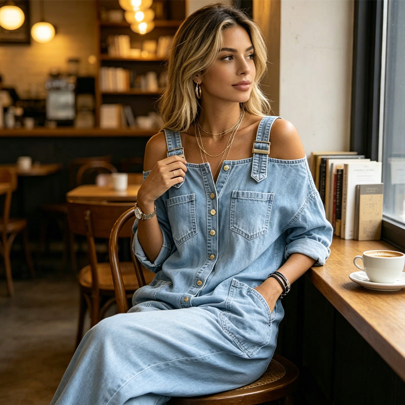 👗👖 Jumpsuit met open schouders, wijde pijpen en zakken