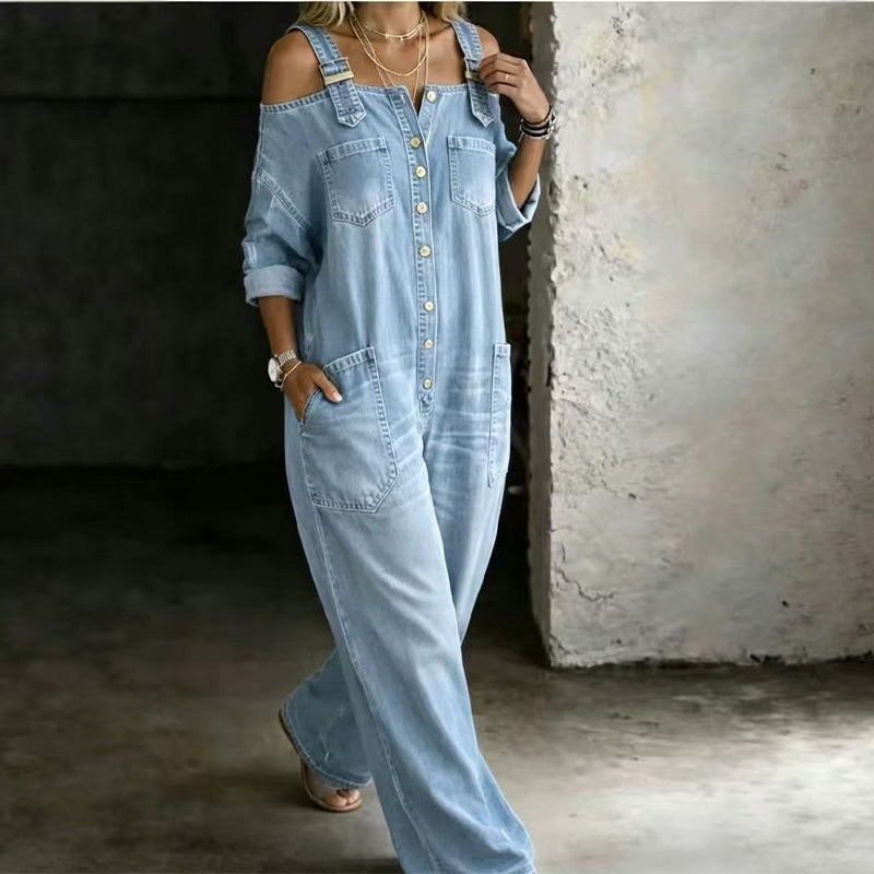 👗👖 Jumpsuit met open schouders, wijde pijpen en zakken