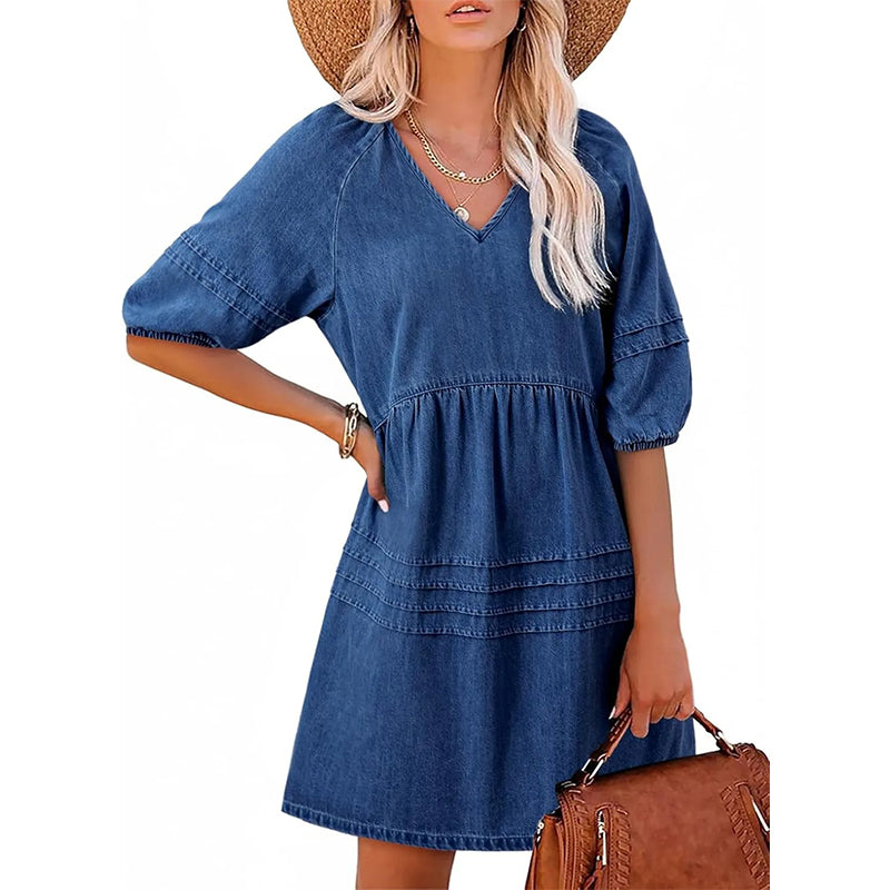 🔥 50% KORTING 👗 V-Hals Denim Jurk ✨ Slank & Comfortabel