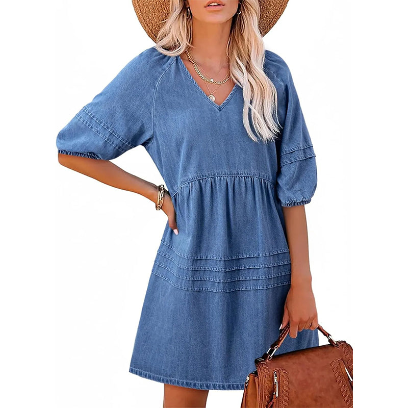 🔥 50% KORTING 👗 V-Hals Denim Jurk ✨ Slank & Comfortabel
