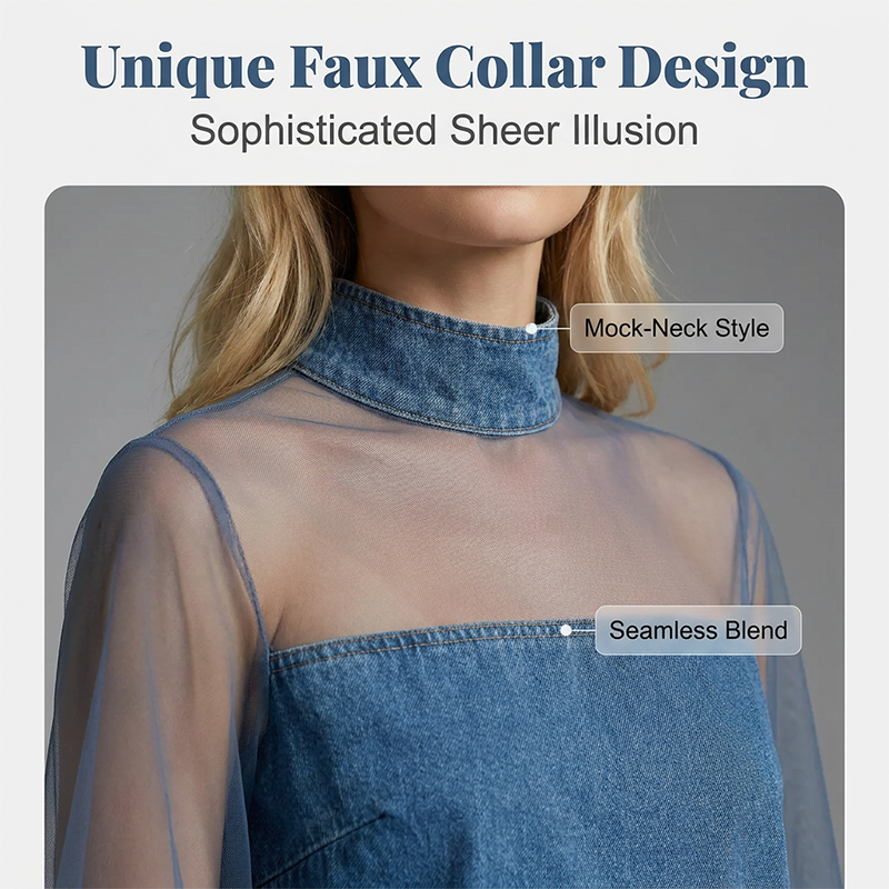 👗  Lantern Sleeve Faux Collar Denim Rok – femininer Look met Fake-kraag, brede armjes & figurschmeichelndem Denim-Schnitt