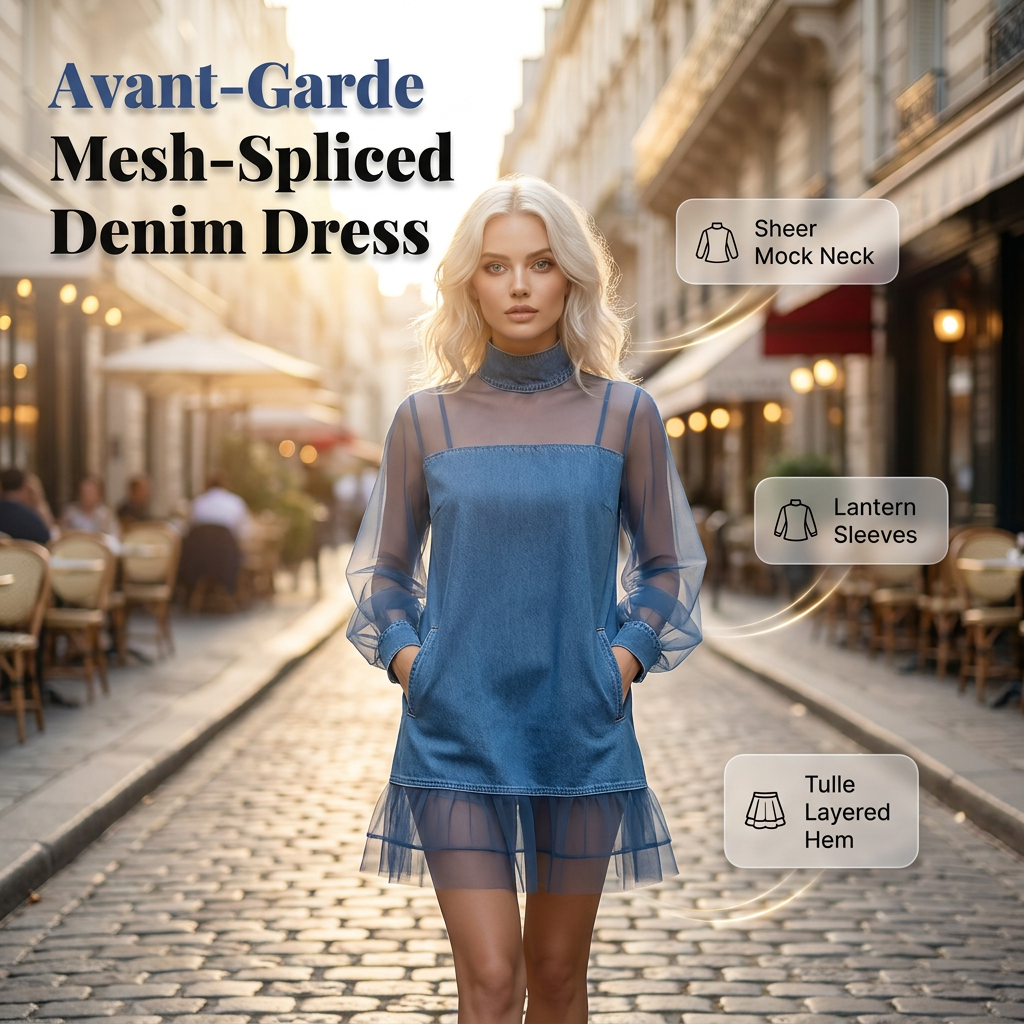 👗  Lantern Sleeve Faux Collar Denim Rok – femininer Look met Fake-kraag, brede armjes & figurschmeichelndem Denim-Schnitt