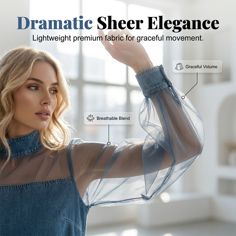👗  Lantern Sleeve Faux Collar Denim Rok – femininer Look met Fake-kraag, brede armjes & figurschmeichelndem Denim-Schnitt
