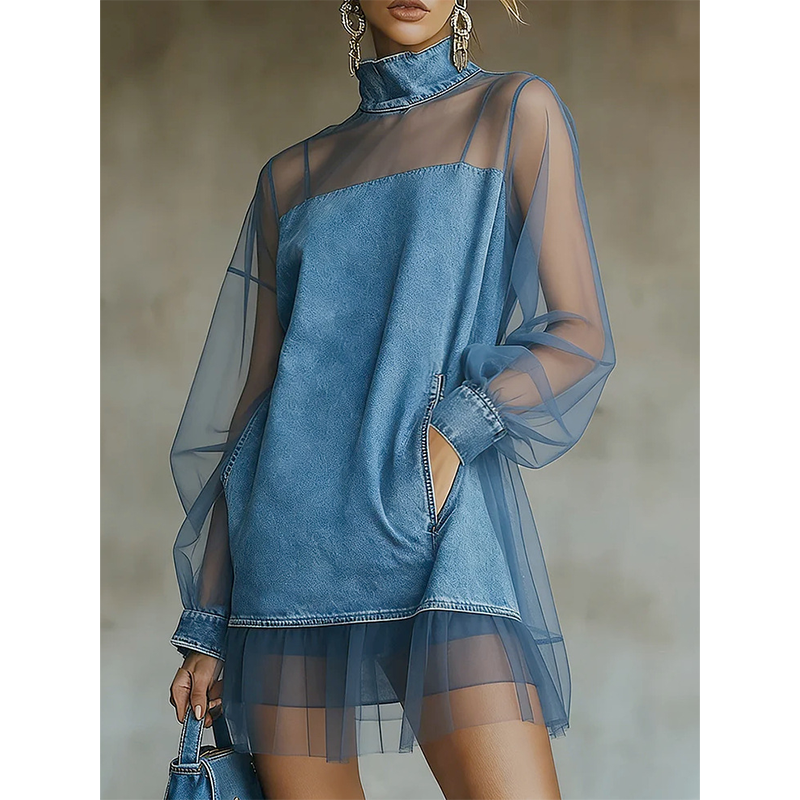 👗  Lantern Sleeve Faux Collar Denim Rok – femininer Look met Fake-kraag, brede armjes & figurschmeichelndem Denim-Schnitt