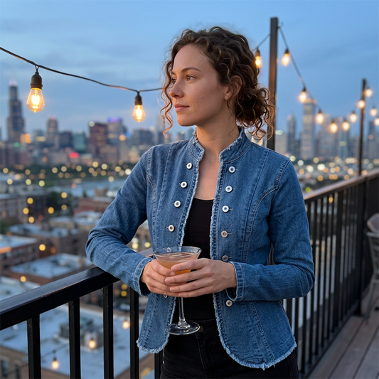 ✨ Jeansblazer met opstaande kraag en getailleerd model – de perfecte keuze voor een elegante, maar nonchalante look