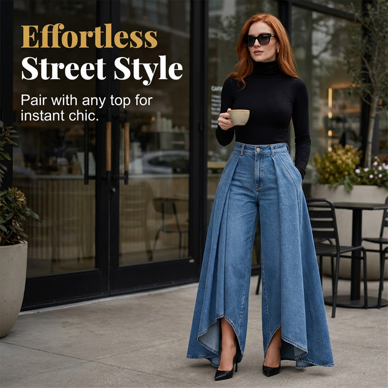 🔥Superaanbieding: 50% KORTING🔥Damesjeans met hoge taille, wijde pijpen en een asymmetrische zoom