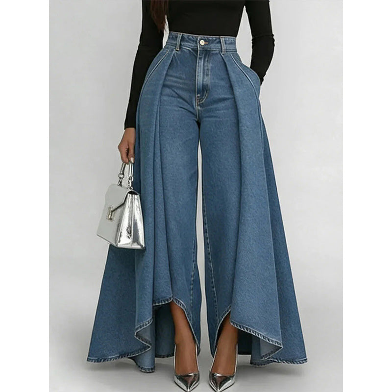 🔥Superaanbieding: 50% KORTING🔥Damesjeans met hoge taille, wijde pijpen en een asymmetrische zoom