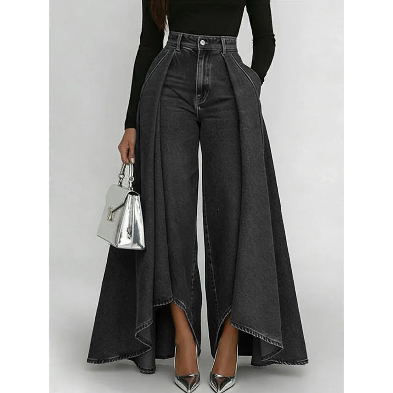 🔥Superaanbieding: 50% KORTING🔥Damesjeans met hoge taille, wijde pijpen en een asymmetrische zoom