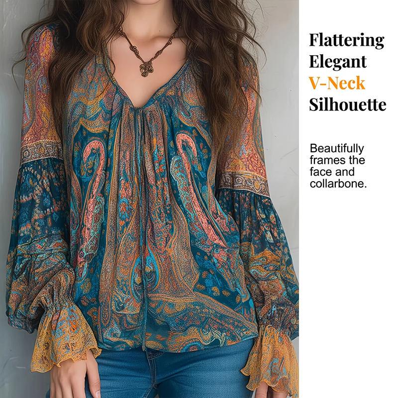 ⏳ Laatste nieuws – 50% korting loopt af! Elegante blouse met ruches, in bohemienstijl en met kasjmierpatroon