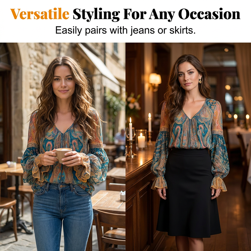 ⏳ Laatste nieuws – 50% korting loopt af! Elegante blouse met ruches, in bohemienstijl en met kasjmierpatroon