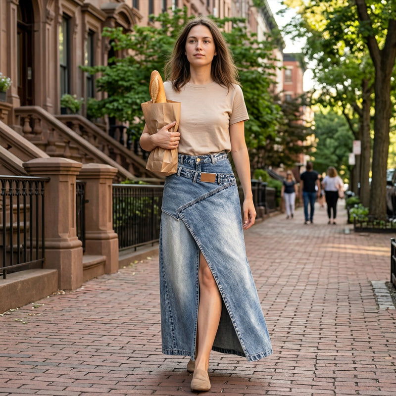 Denim maxi-rok met gelaagde taille voor dames