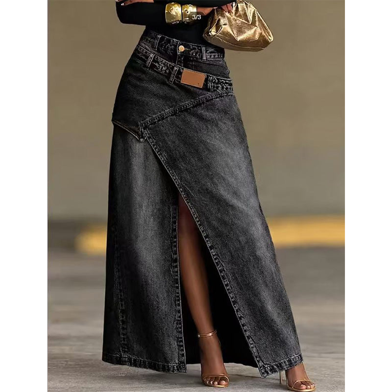 Denim maxi-rok met gelaagde taille voor dames