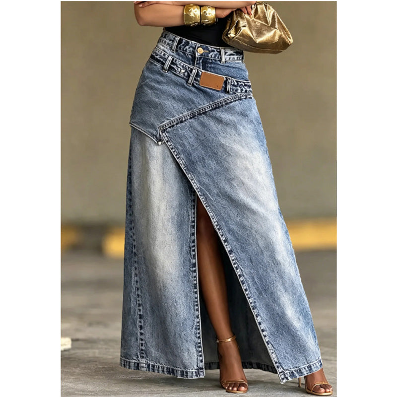 Denim maxi-rok met gelaagde taille voor dames