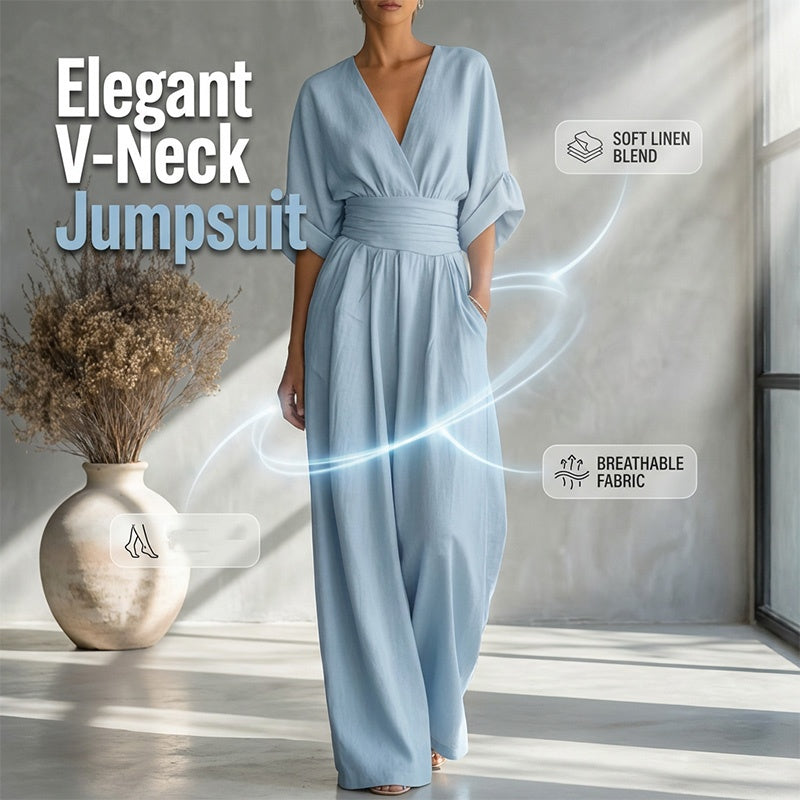 Jumpsuit met V-hals, hoge taille en wijde pijpen voor dames