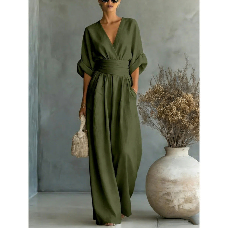 Jumpsuit met V-hals, hoge taille en wijde pijpen voor dames