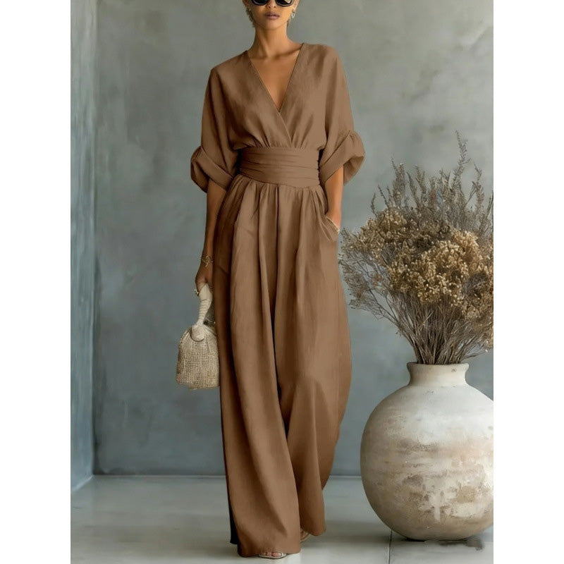 Jumpsuit met V-hals, hoge taille en wijde pijpen voor dames