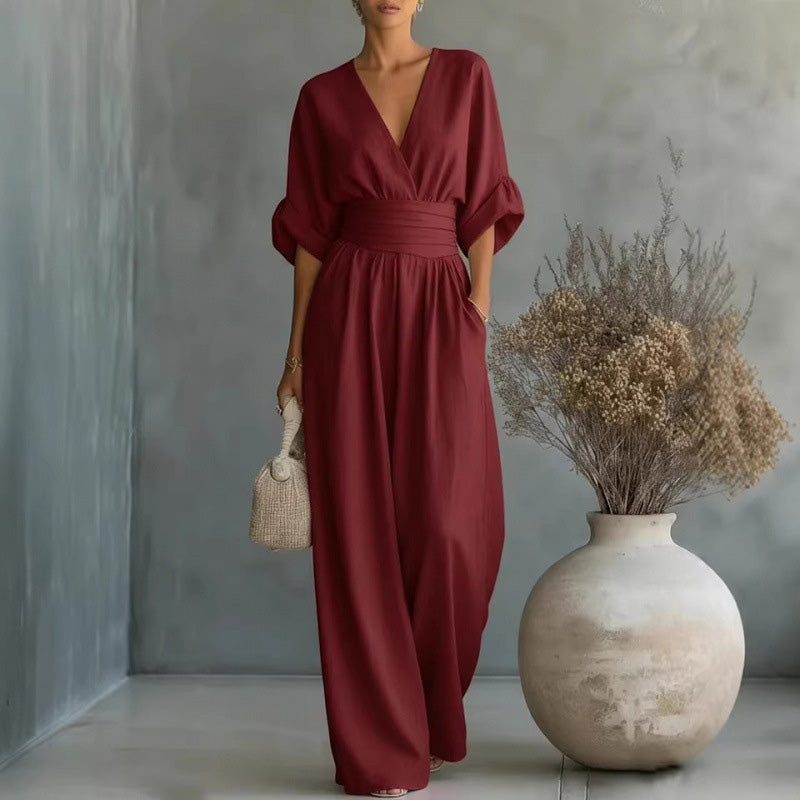 Jumpsuit met V-hals, hoge taille en wijde pijpen voor dames