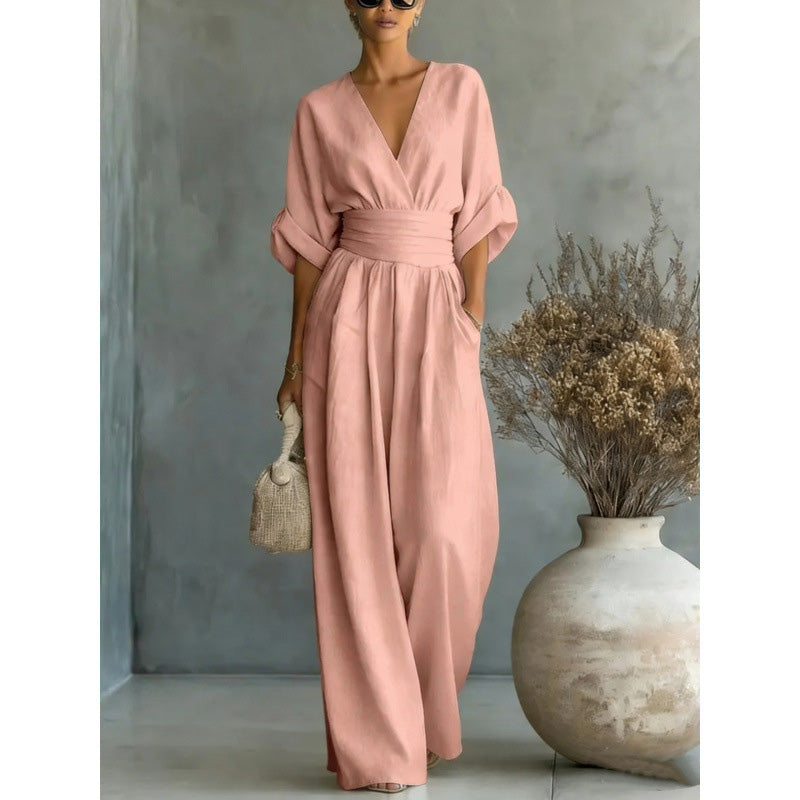 Jumpsuit met V-hals, hoge taille en wijde pijpen voor dames