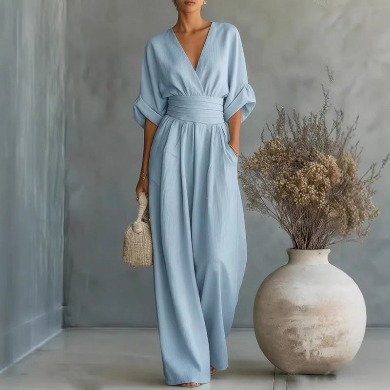 Jumpsuit met V-hals, hoge taille en wijde pijpen voor dames